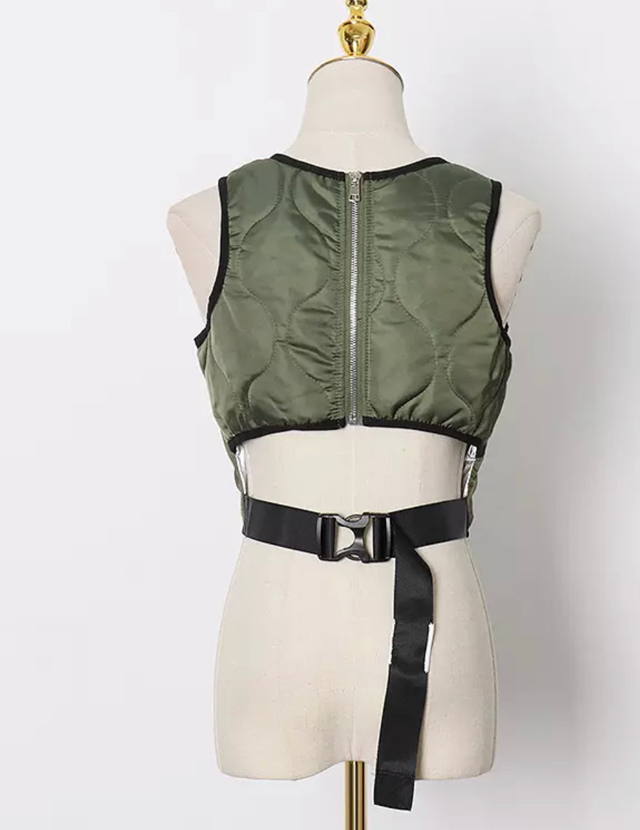 Olive crop puffer top