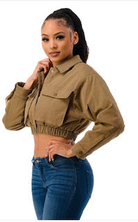 Camel Crop Bomber Jacket