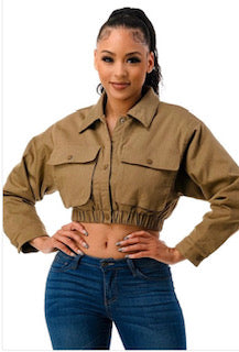 Camel Crop Bomber Jacket
