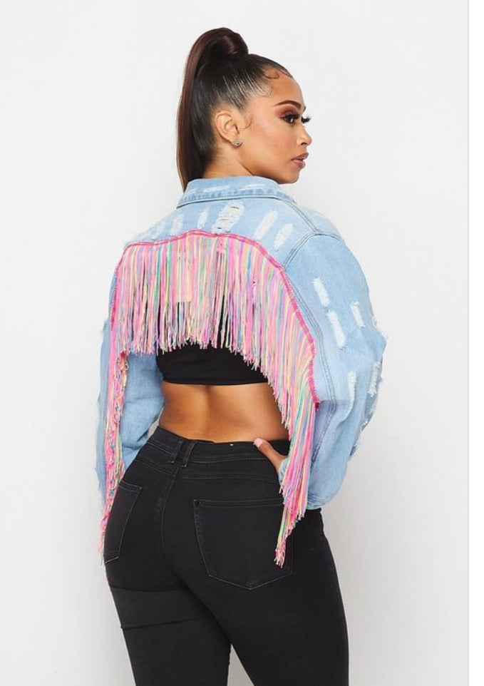 Fringe colorful jean jacket