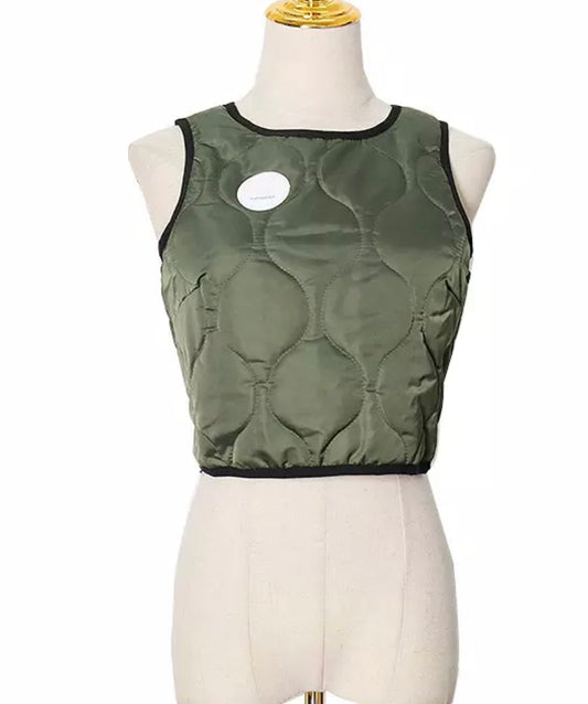 Olive crop puffer top